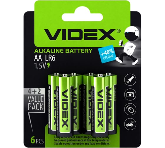 Батарейки Videx АА (aa) LR6 2/SH Card алкалиновые (уп. 60 шт.)